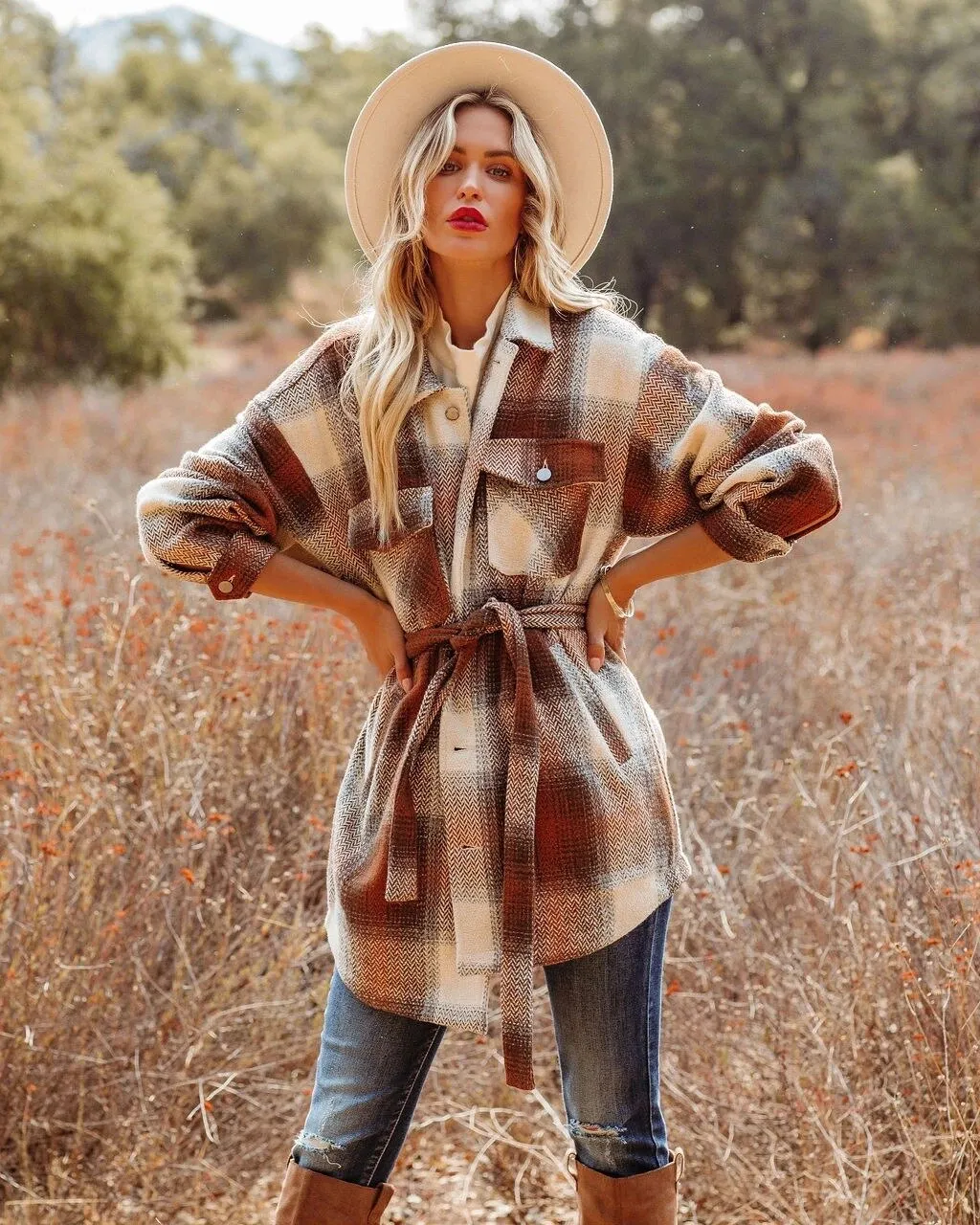 Autumn and winter new plaid shirt plaid belt woolen coat Western Cowgirl Shirts