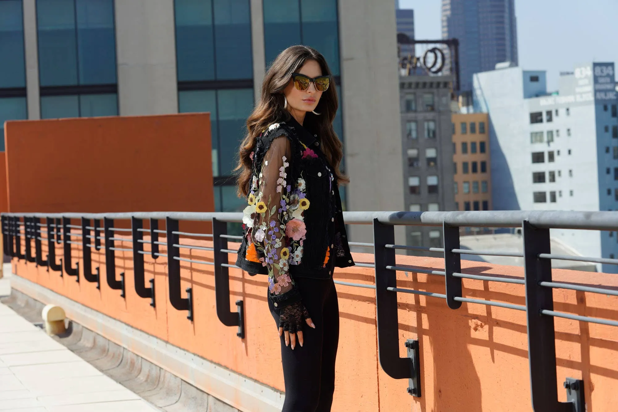 Black Denim Lace Jacket with Floral Embroidery