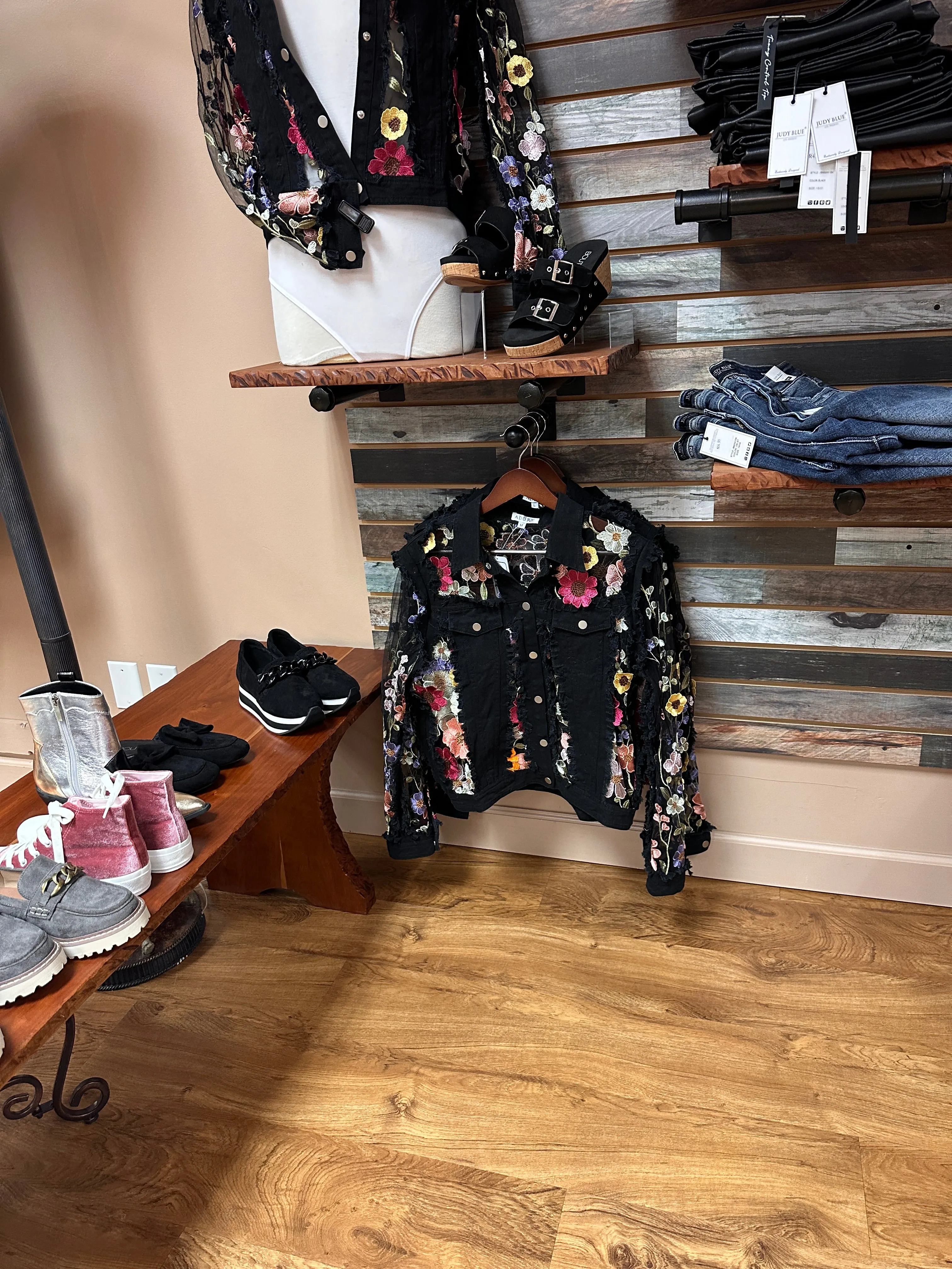 Black Denim Lace Jacket with Floral Embroidery