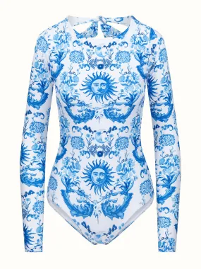 Blue and white Electra long-sleeve swimsuit