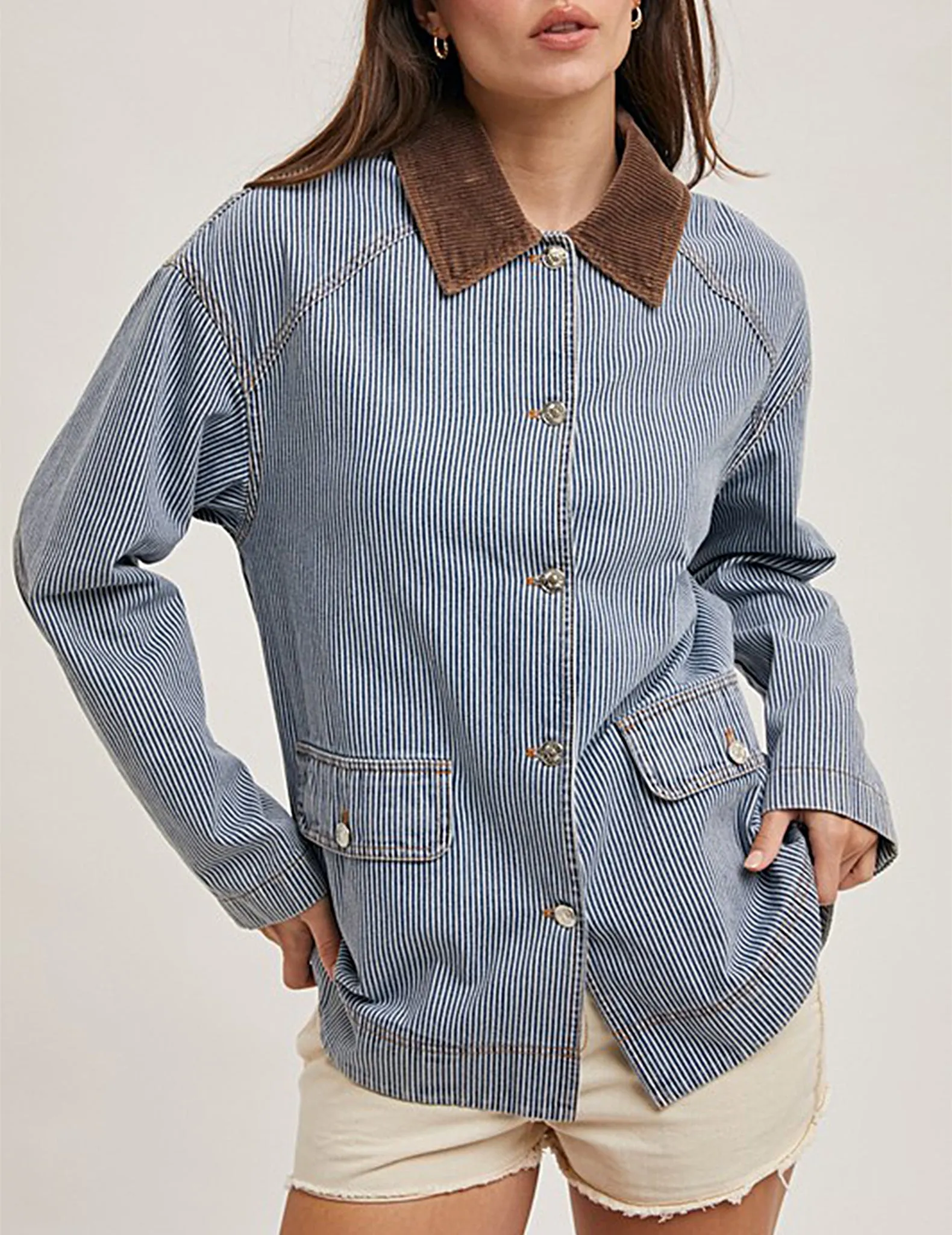 Brielle Railroad Stripe Denim Barn Coat