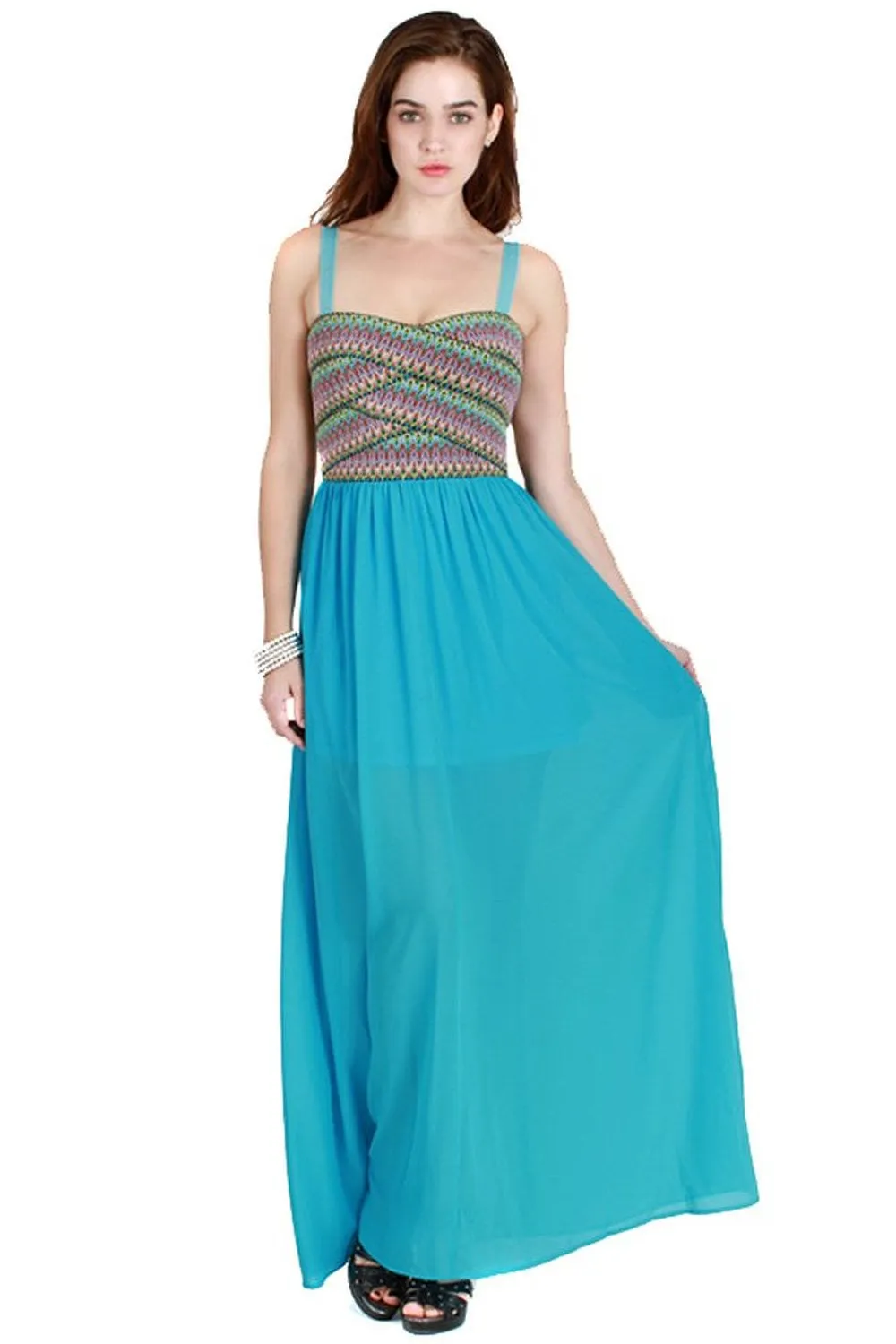 Colorful Aqua Zig Zag Bandage Design Full Length Sheer Spring Maxi Dress