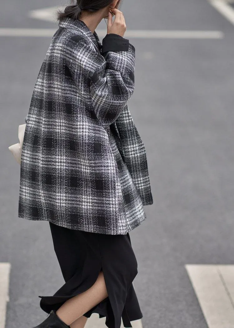 diy Notched double breast  wool coat black plaid short jackets