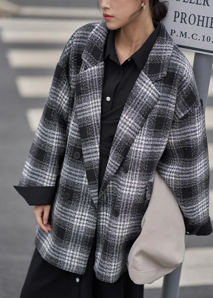 diy Notched double breast  wool coat black plaid short jackets