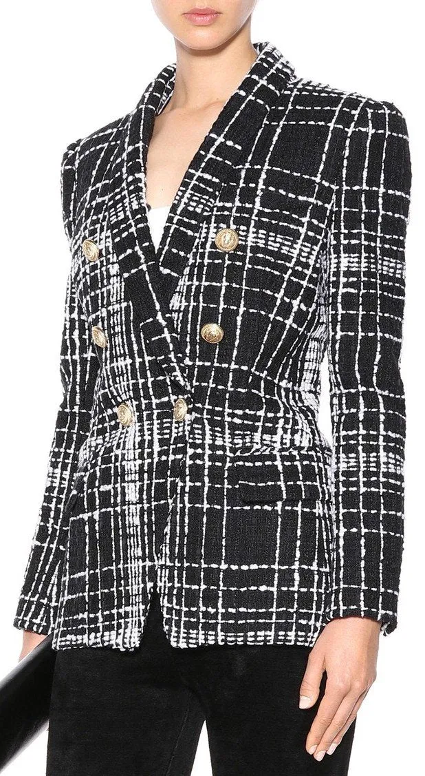 Double-Breasted Tweed Plaid Blazer