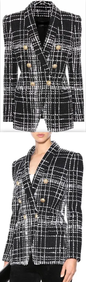 Double-Breasted Tweed Plaid Blazer