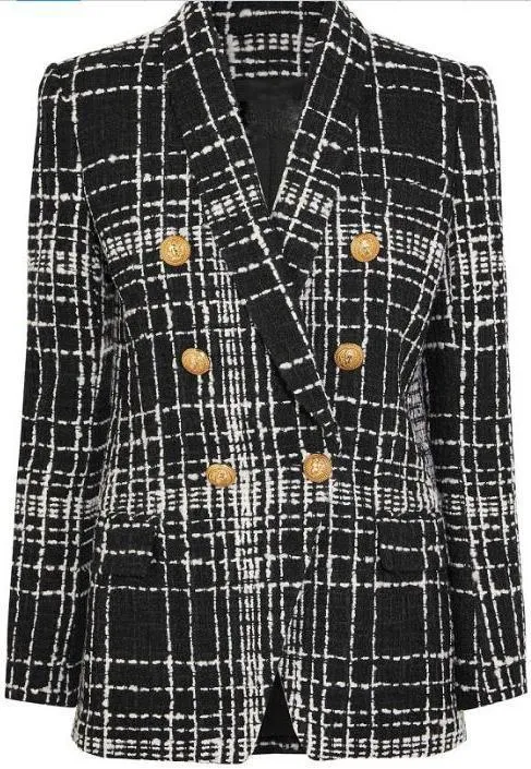 Double-Breasted Tweed Plaid Blazer