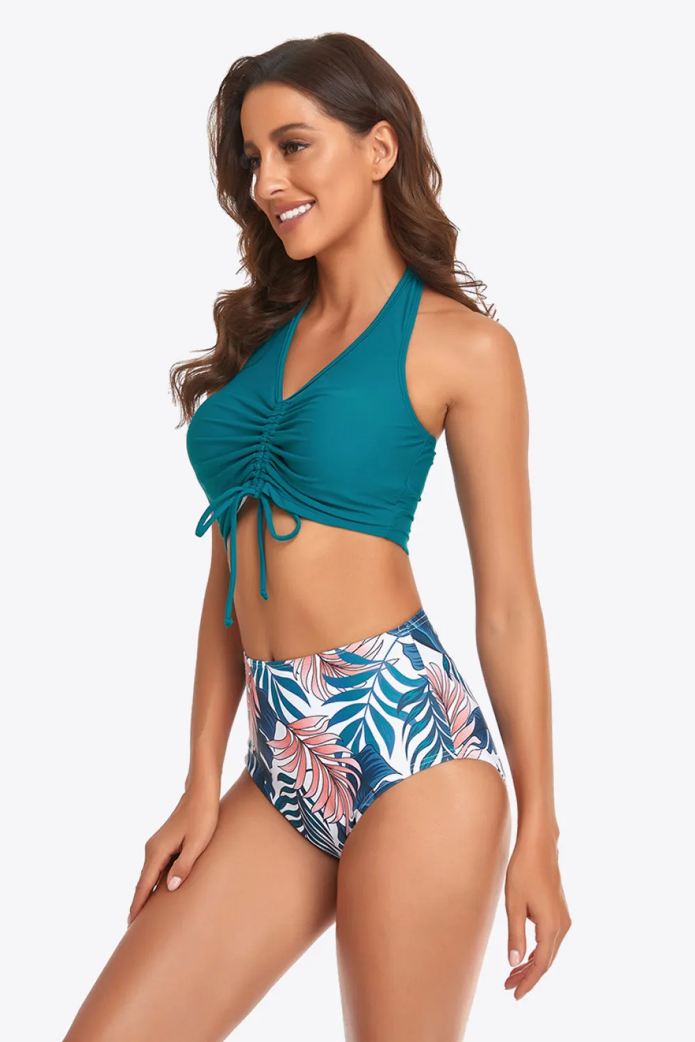 Explore More Collection - Botanical Print Halter Neck Drawstring Detail Bikini Set