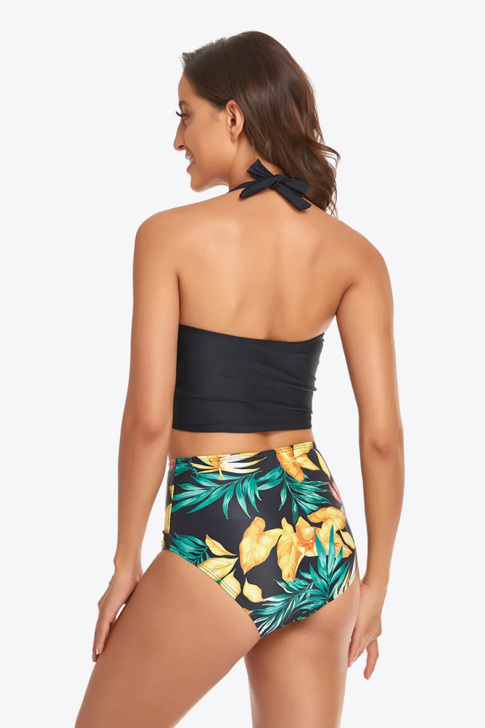 Explore More Collection - Botanical Print Halter Neck Drawstring Detail Bikini Set