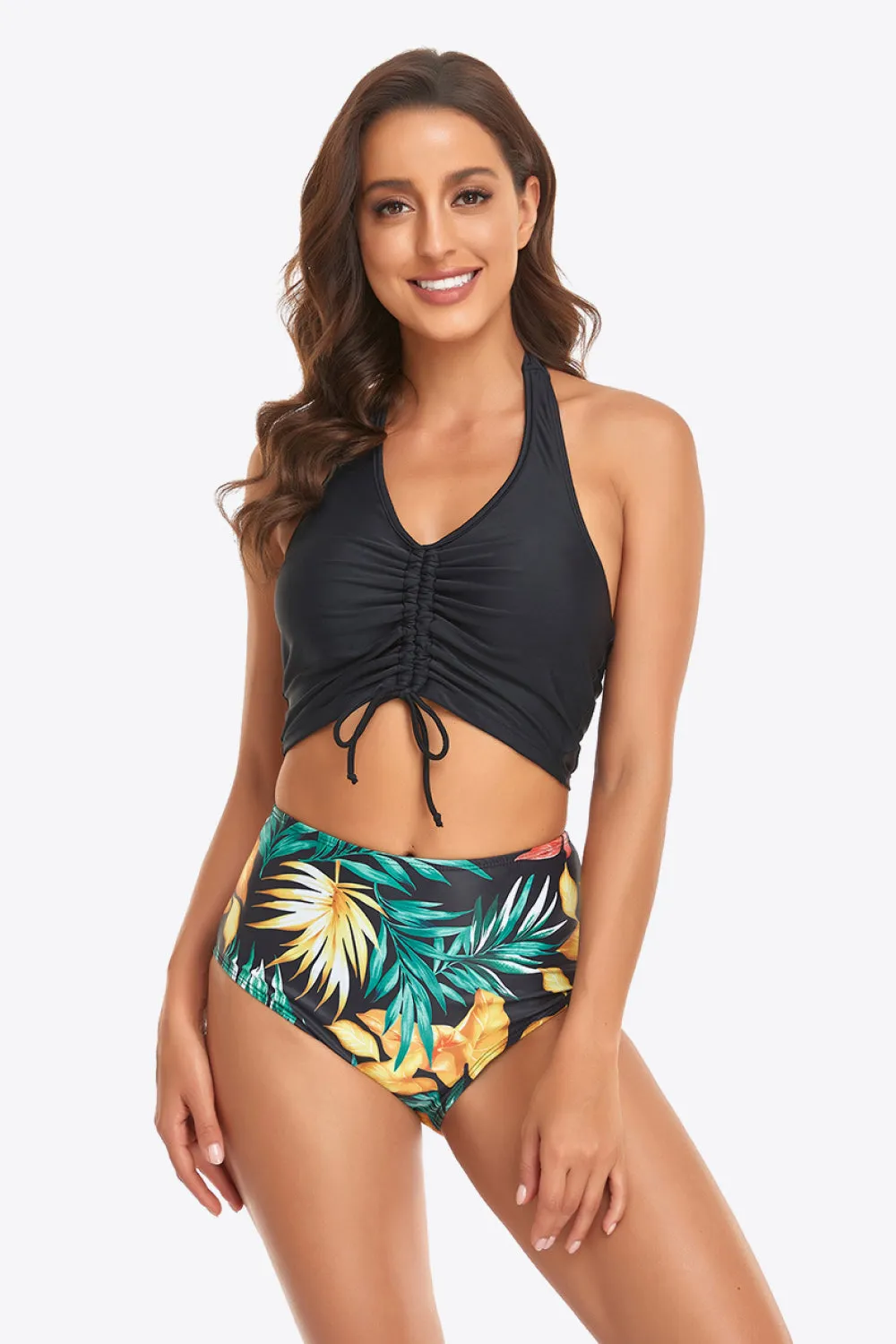 Explore More Collection - Botanical Print Halter Neck Drawstring Detail Bikini Set