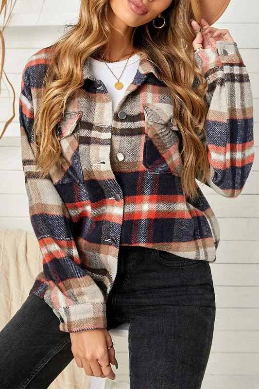 Geometric Plaid Print Pocketed Shirt for women