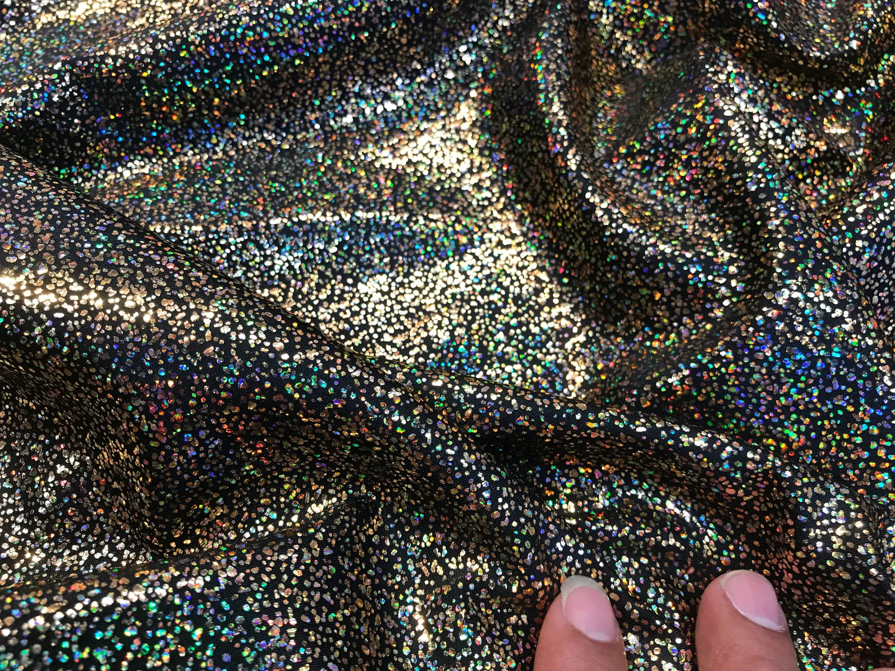 Gold-black iridescent shattered glass design 4 way Stretch nylon spandex-dresses-fashion-leggings-baiting suits-apparel-sold by the yard.