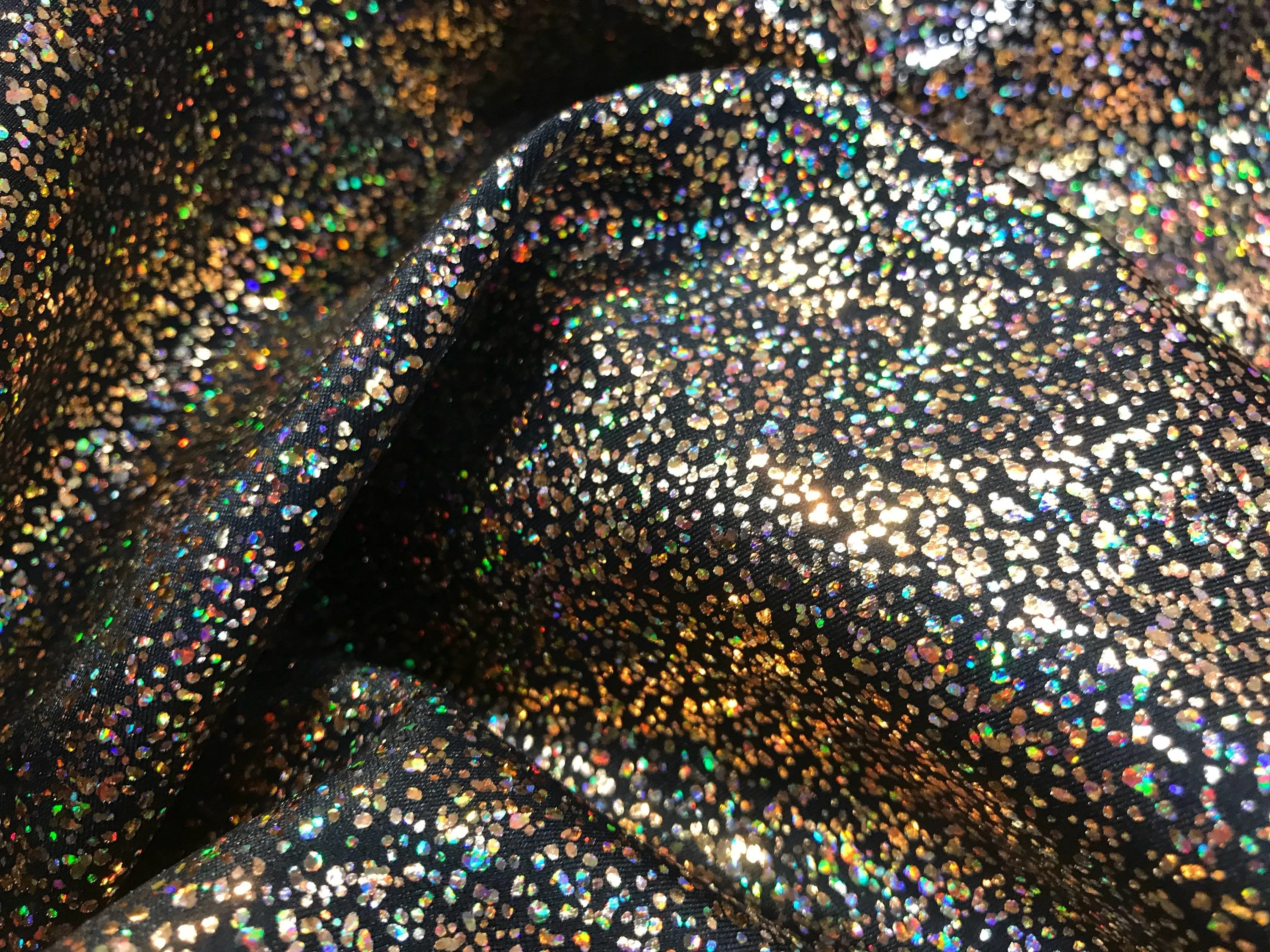 Gold-black iridescent shattered glass design 4 way Stretch nylon spandex-dresses-fashion-leggings-baiting suits-apparel-sold by the yard.