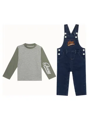 Grey Logo T-Shirt And Denim Overalls 2-Piece Set (0-12m)