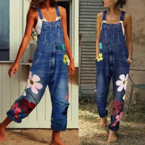 Hot Sell  Women Floral Print Pockets Washable Denim Overall Jumpsuit Suspender Trousers