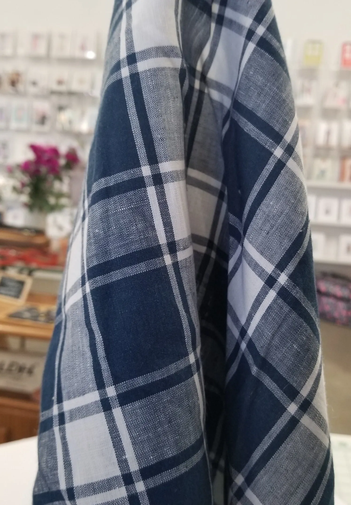 Irish Linen Plaid Navy and White Bryson Woven 194 GSM- by the yard