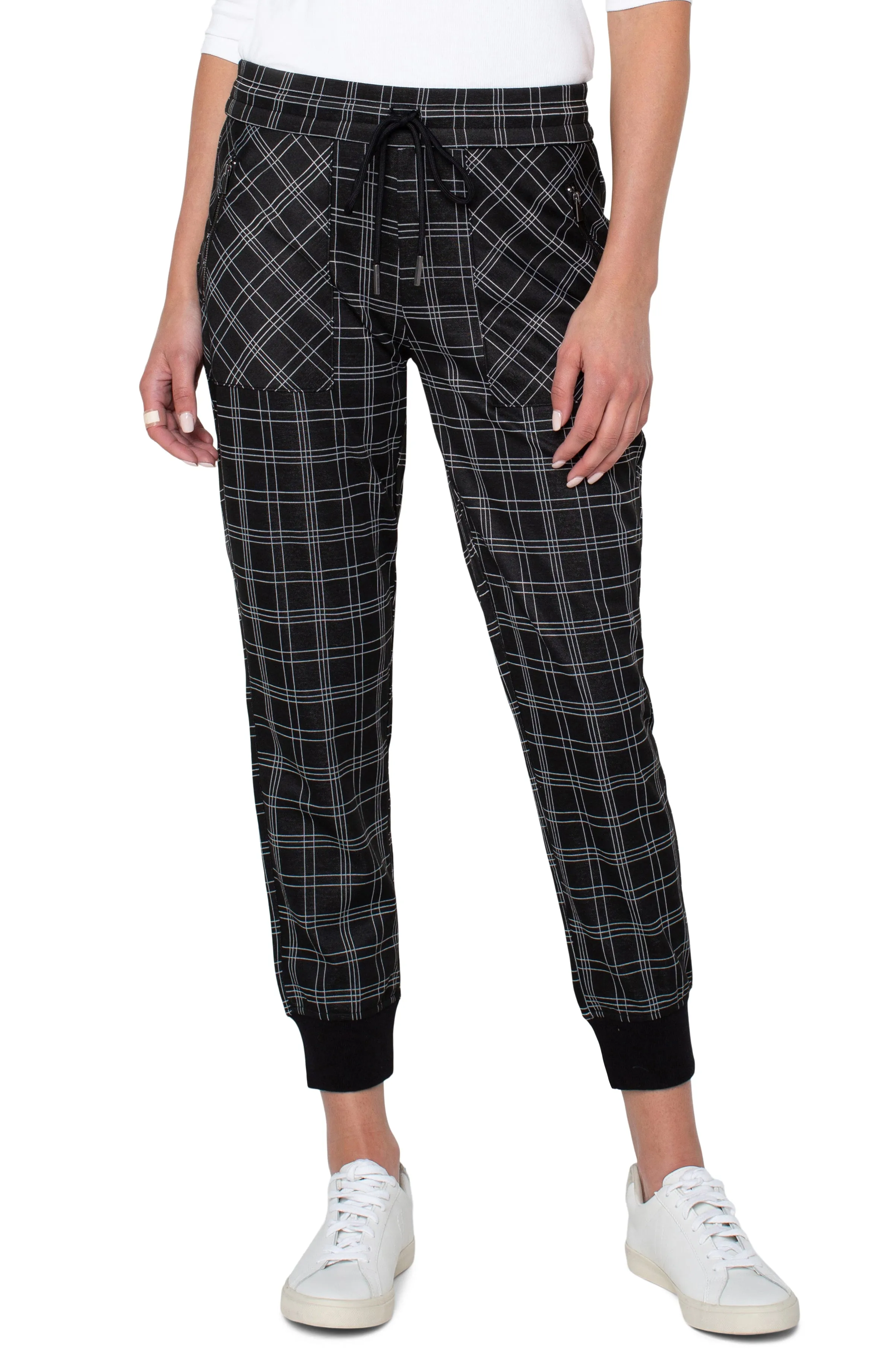 Liverpool Jogger w Zip Pockets and Rib Cuff (Black/White Graphic Plaid)