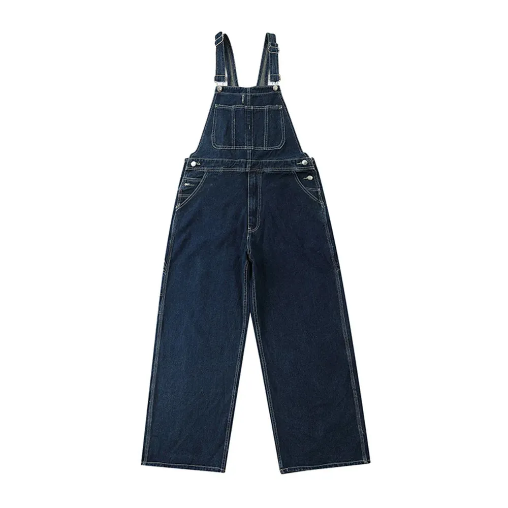 Multi-Pocket Denim Overalls Casual Distressed Bib Trousers Solid Color Jumpsuit