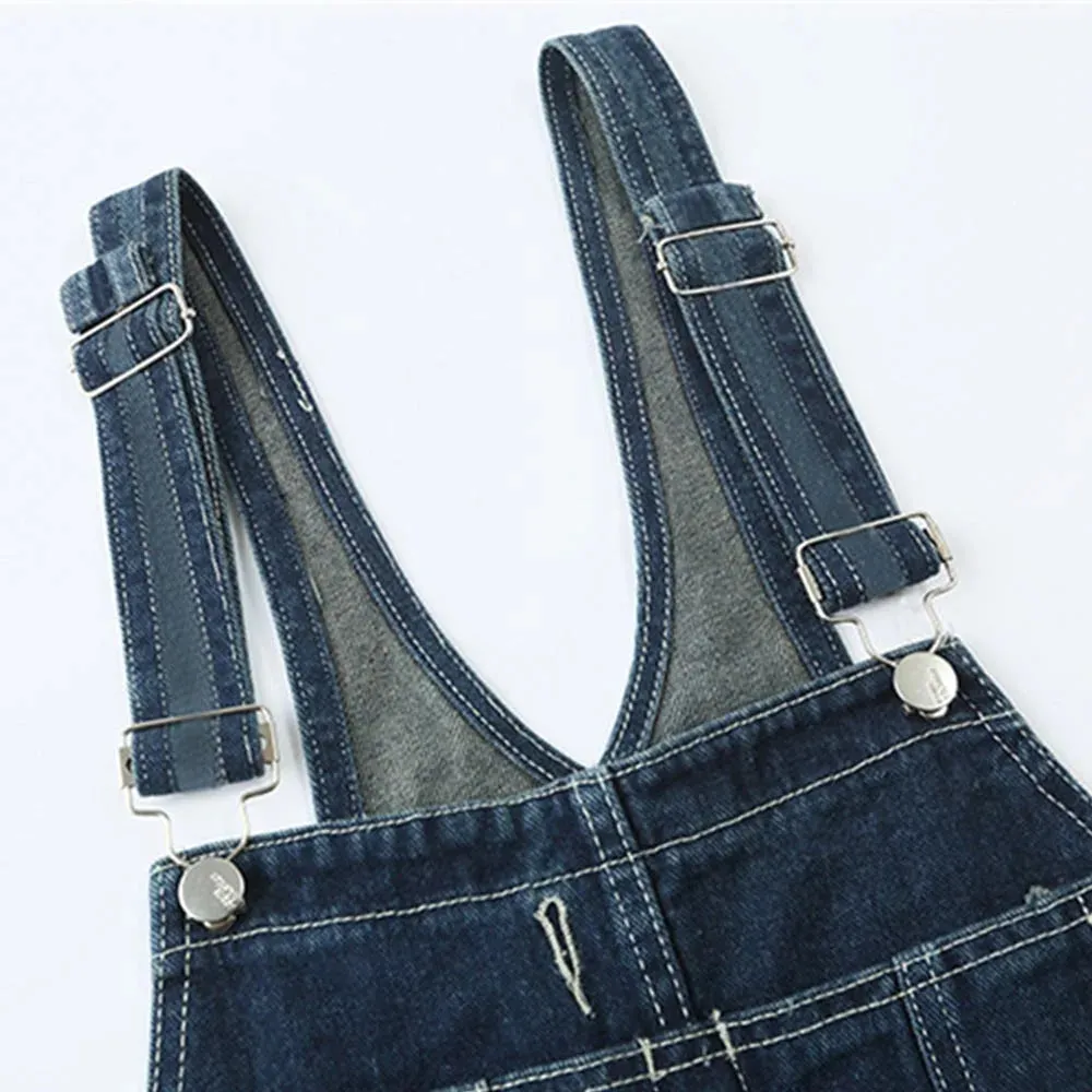 Multi-Pocket Denim Overalls Casual Distressed Bib Trousers Solid Color Jumpsuit