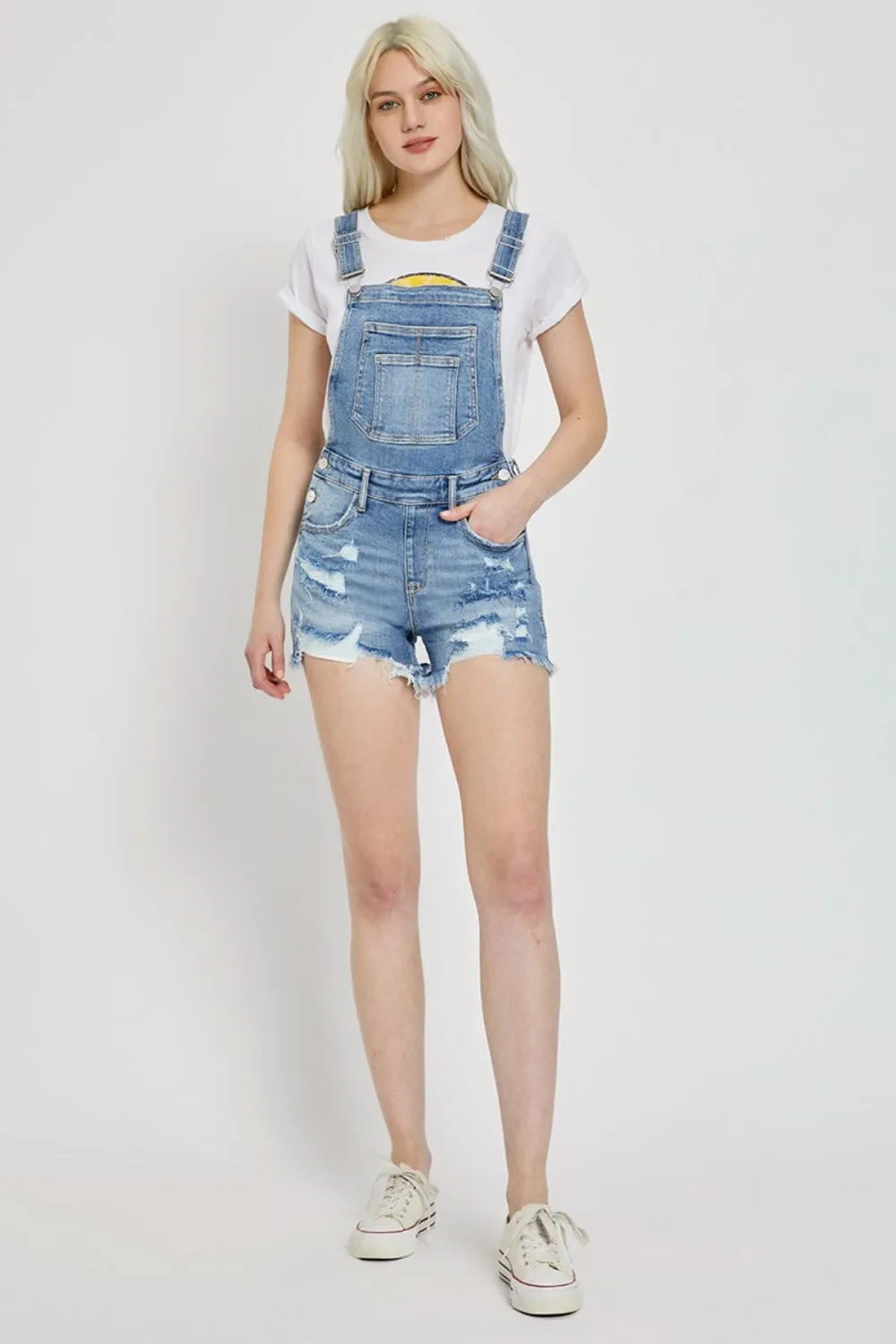 RISEN Distressed Raw Hem Denim Overalls