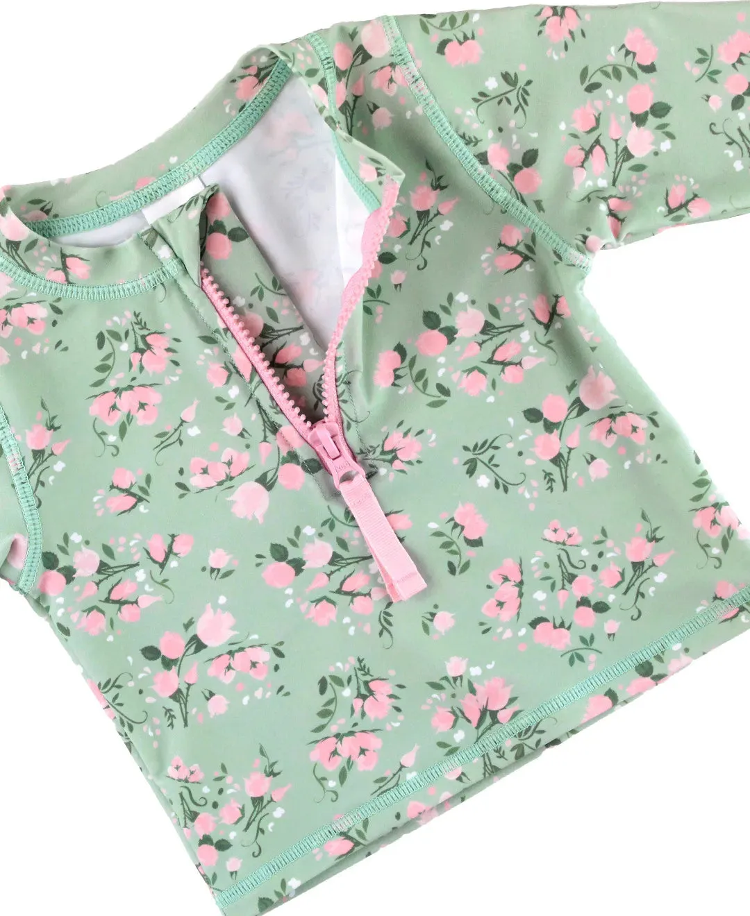 RuffleButts Tea Roses Long Sleeve Zipper Two Piece Rash Guard