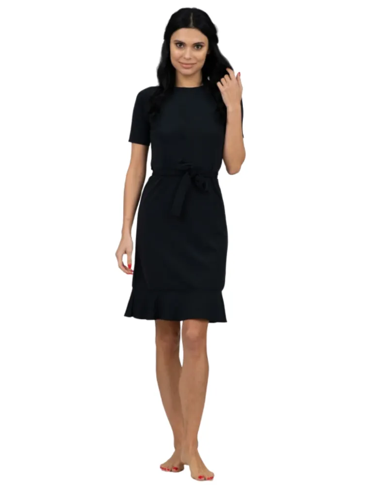 S21-LD-F Black Short Sleeve Flounce Swim Dress with Belt