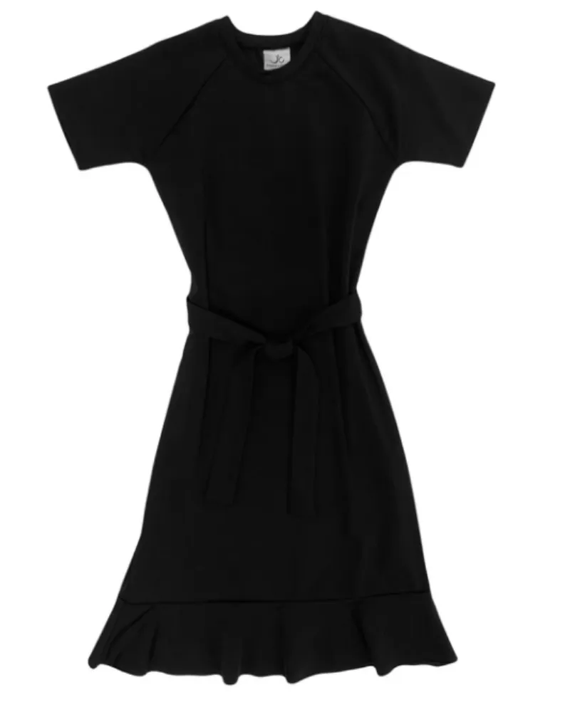 S21-LD-F Black Short Sleeve Flounce Swim Dress with Belt