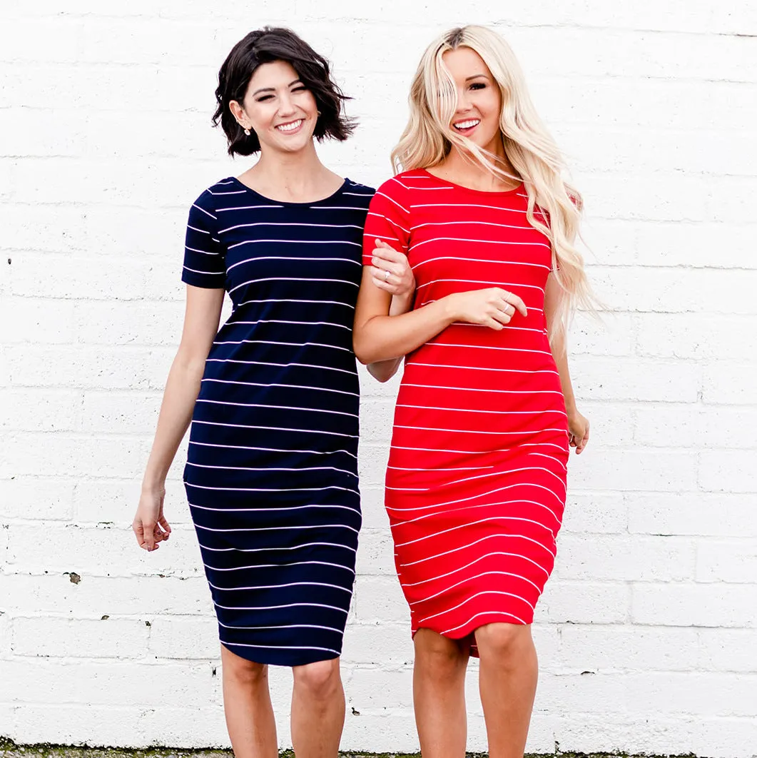 Striped Tee Dress: Red with Thin White Stripe