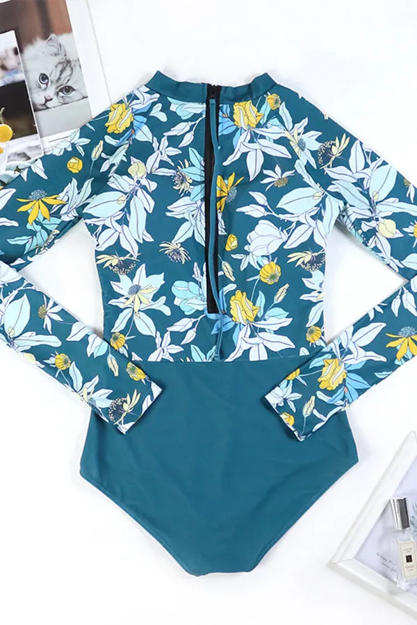 Summer Green Floral Print One-Piece Long Sleeve Back Zip-Up UPF50  Rash Guard