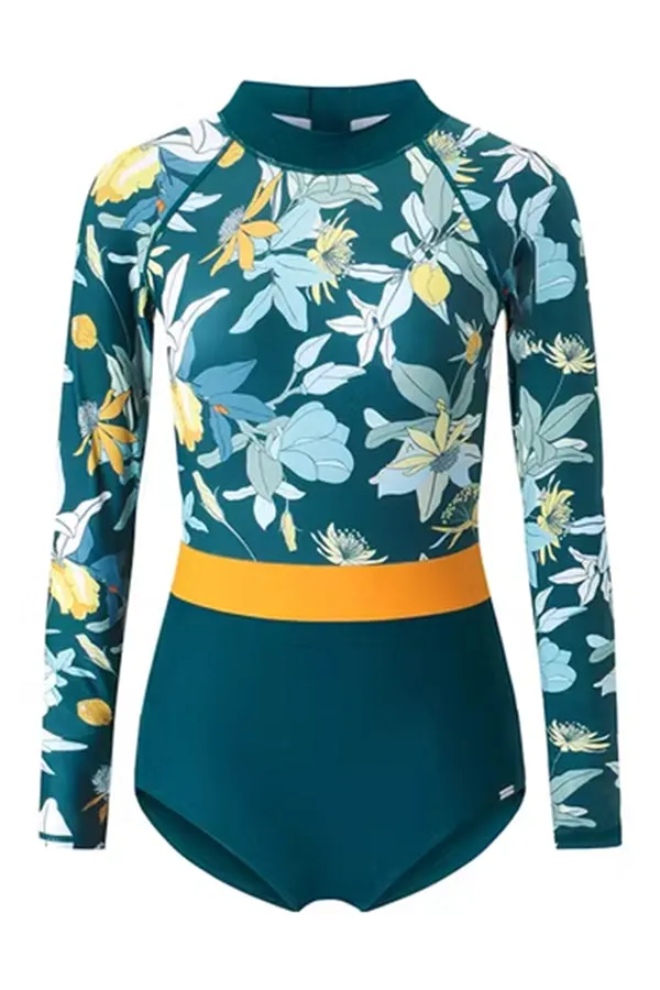 Summer Green Floral Print One-Piece Long Sleeve Back Zip-Up UPF50  Rash Guard