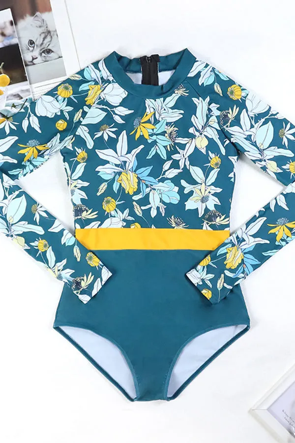 Summer Green Floral Print One-Piece Long Sleeve Back Zip-Up UPF50  Rash Guard