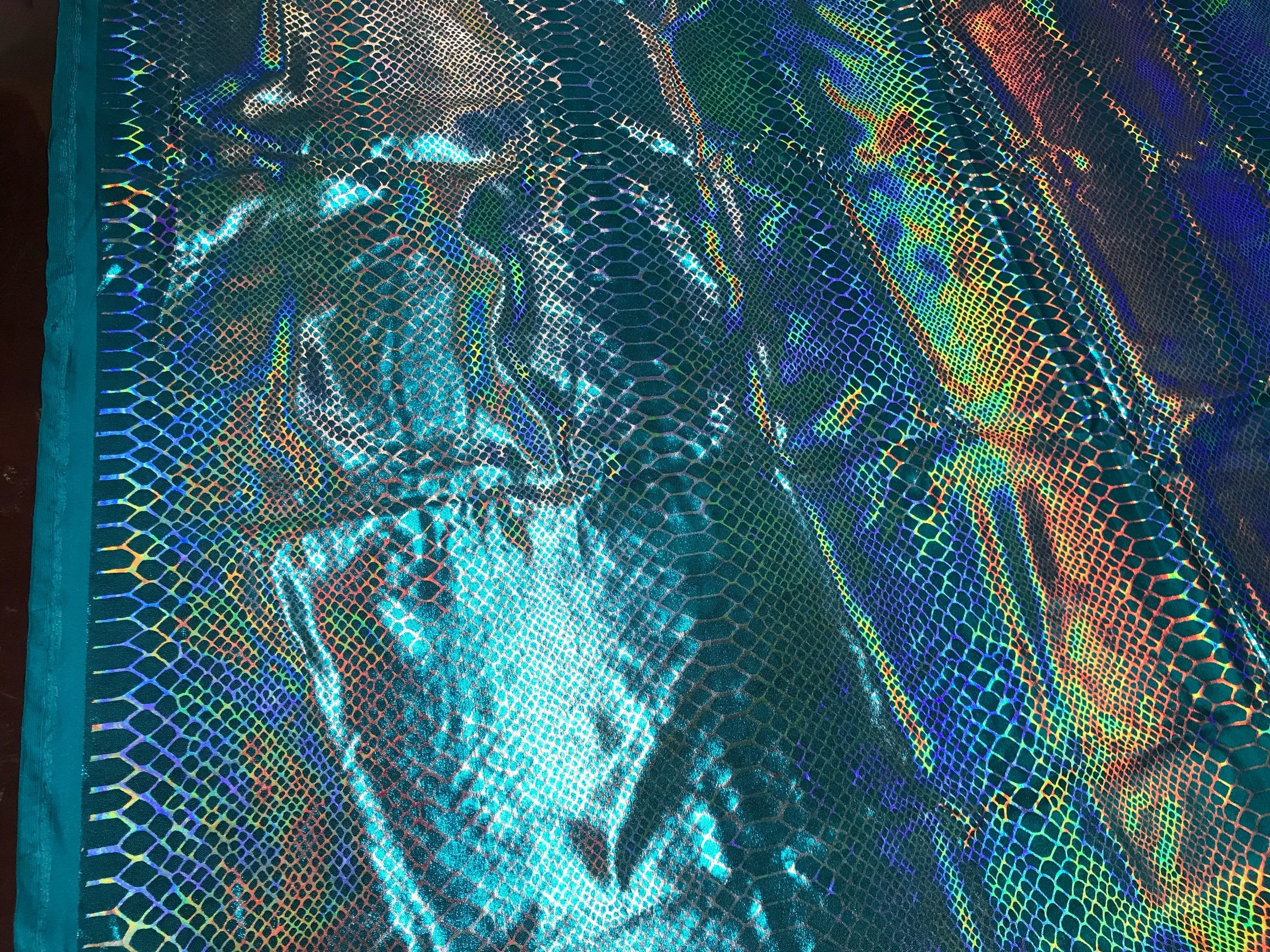 turquoise dragon scales print iridescent nylon 2 way Stretch spandex-leggings-decorations-prom-nightgown-sold byvthe yard.