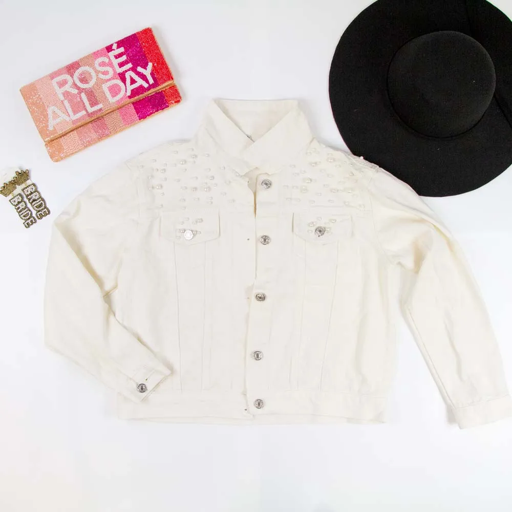 (White Pearl) Blank  Pearl Denim Jacket