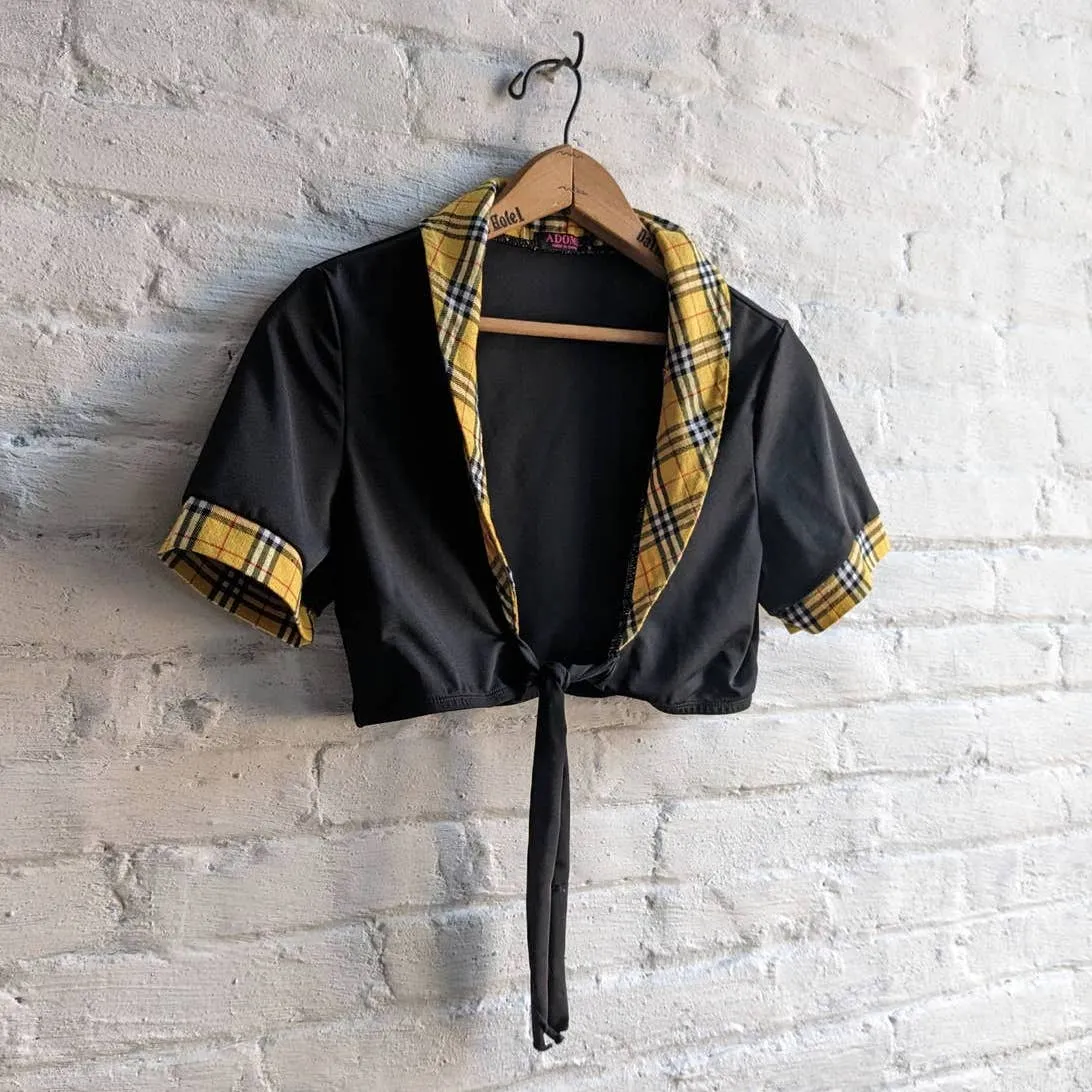 Y2K Vintage Clueless Cropped Yellow Plaid Schoolgirl Tieback Mini Cardigan Top