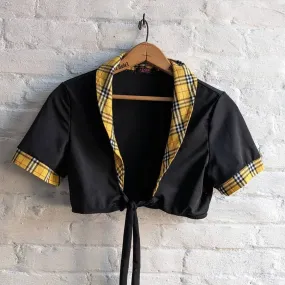 Y2K Vintage Clueless Cropped Yellow Plaid Schoolgirl Tieback Mini Cardigan Top