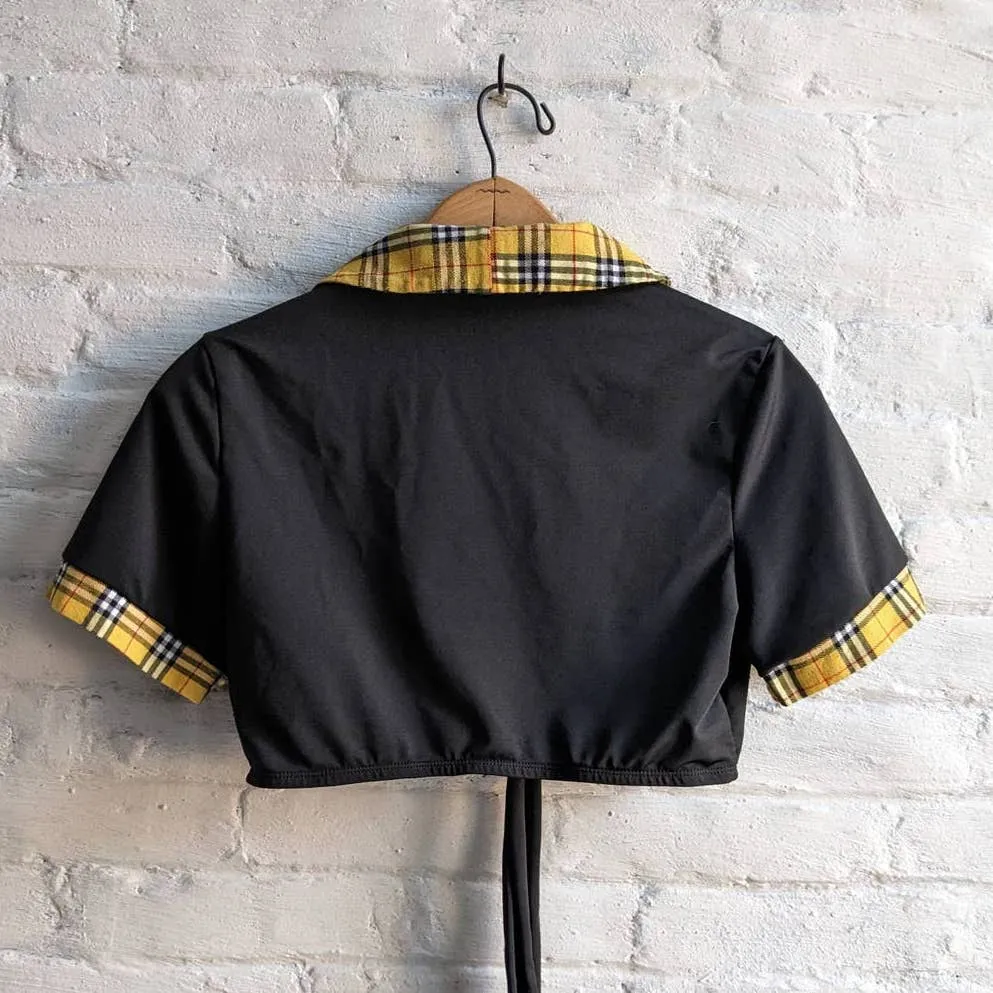 Y2K Vintage Clueless Cropped Yellow Plaid Schoolgirl Tieback Mini Cardigan Top